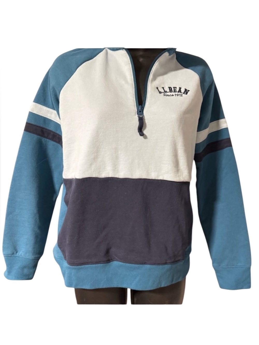 L.L. Bean Colorblock Quarter Zip Pullover Teal Cream & Navy